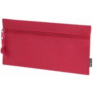 A red zippered pouch with a textured surface and a small loop for easy carrying. It features a branding label.