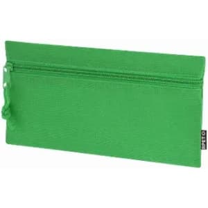 A green zippered pouch with a textured surface and a small cord pull, featuring a logo on the side.