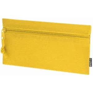 A yellow zippered pouch with a textured surface, featuring a small tassel pull and a branding tag.