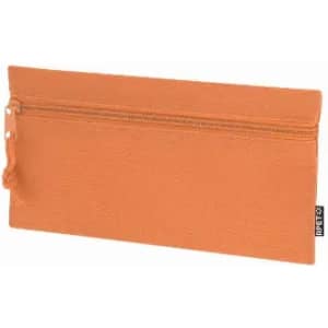A zippered pouch in a vibrant orange colour, featuring a textured surface and a tassel zip pull.