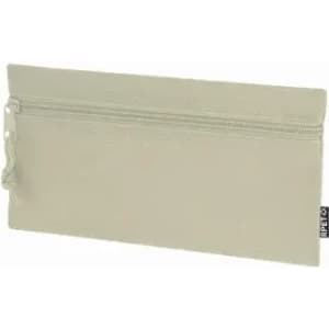 A pouch in a light beige colour with a zip closure and a textured surface, featuring a small logo.