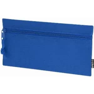 A blue zippered pouch with a textured surface and a pull tab. It has a simple, sleek design.