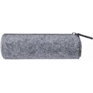A pencil case in grey felt material, cylindrical in shape, with a zip closure and a small wrist strap.