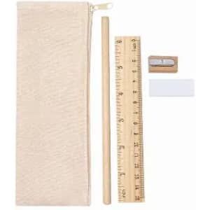 A stationery set featuring a cream pencil case, wooden pencil, wooden ruler, sharpener, and eraser.