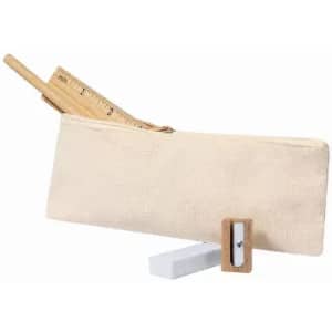 A cream-coloured pencil case containing a ruler and sharpener, displayed on a white base. It features a logo.