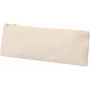 A cream-coloured pencil case with a smooth surface and a zip closure. It features a simple design and has branding.