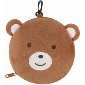 A round, brown bear-shaped pouch with a smiling face and a zip closure, featuring a hook for attachment.