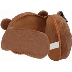 A brown bear-shaped pouch with ears and a zip closure, made of soft fabric.