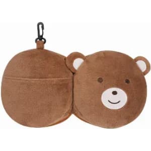 A brown teddy bear-shaped pouch with a smiling face and a clip for attachment. It features a soft, plush texture.