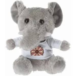 A grey elephant plush toy wearing a light blue shirt, featuring button eyes and a friendly expression.