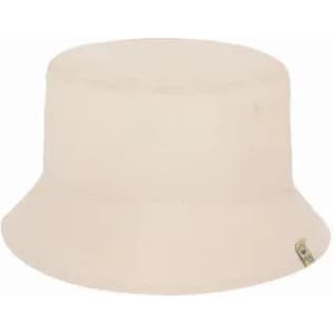 A bucket hat in a light beige colour with a rounded crown and wide brim. It features a small logo tag.
