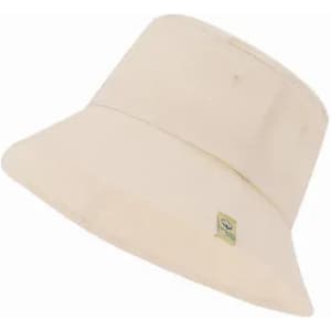 A cream bucket hat with a wide brim and a small logo on the side. The fabric appears soft and lightweight.