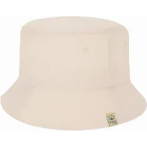 A cream-coloured bucket hat with a wide brim and a small woven label on the side.