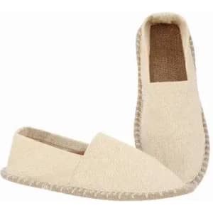 A pair of beige slippers with a textured finish and stitched detailing. They have a simple, open design.