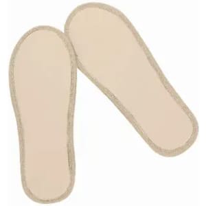 Two beige insoles with a light brown trim, laid flat side by side.