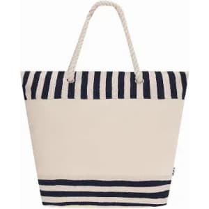 A tote bag in cream and navy stripes, featuring rope handles and a spacious design. It has a logo on one side.