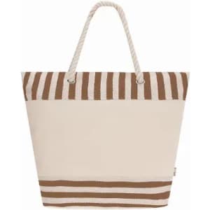 A tote bag in cream with brown stripes, featuring rope handles and a simple, stylish design.