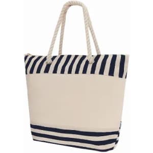 A tote bag in cream and navy stripes with dual handles and a spacious design for carrying items.