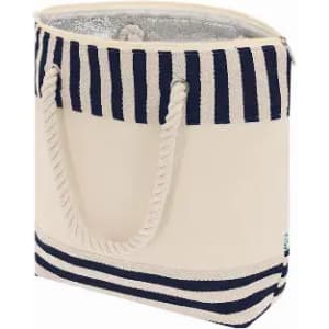 A tote bag in cream with navy stripes and a rope handle, featuring an insulated interior.