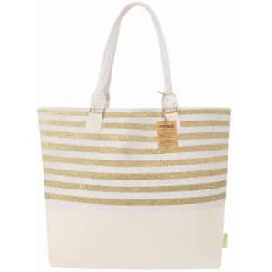 A tote bag featuring gold glitter stripes on a cream base, with white handles and a tag attached.