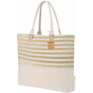 A tote bag featuring white and gold stripes, with two handles and a small tag attached.