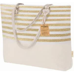 A tote bag featuring gold glitter stripes on a cream background with sturdy straps. It includes a brand tag.