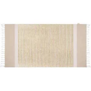 A woven rug featuring a cream and beige design, with fringed edges and textured stripes. It has a simple, natural look.