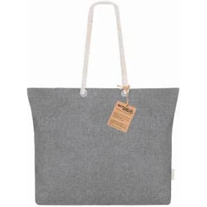 A grey tote bag with a rope handle and a tag attached, featuring a simple and stylish design.