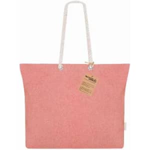A pink tote bag with a textured finish and white rope handles, featuring a hanging tag.