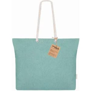 A tote bag in a light blue colour with a rope handle and a tag attached.