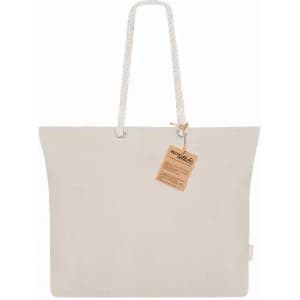 A beige tote bag with a rope handle, featuring a tag attached and a plain design.