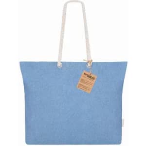 A tote bag in light blue with a rope handle and a tag attached. Features a simple, stylish design.