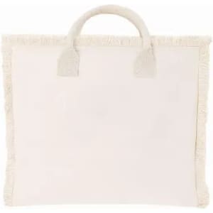 A white tote bag with a fringed edge and two sturdy handles. The bag has no visible branding or text.