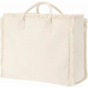 A cream-coloured tote bag with a textured fringe detailing on the edges and two sturdy handles.