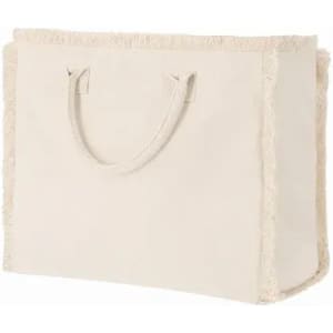 A tote bag in a light beige colour with frayed edges and two handles. It features a simple, unembellished design.