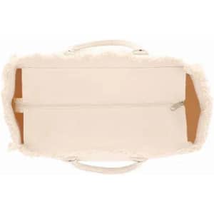 A cream-coloured tote bag with a zipper closure and handles, featuring a plush border around the edges.