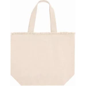 A tote bag in a light beige colour with a frayed top edge and two sturdy handles.