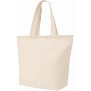 A tote bag in a light beige colour with frayed edges and two sturdy handles. It has a simple, unembellished design.