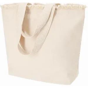 A tote bag in a neutral beige colour with sturdy handles and a textured trim. It features a simple design.