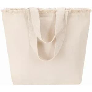 A tote bag in a natural beige colour with two sturdy handles and a textured upper edge.