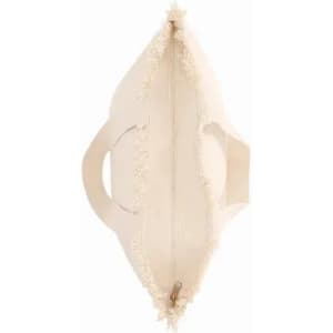 A beige tote bag with frayed edges and a zip closure. It features two handles for easy carrying.