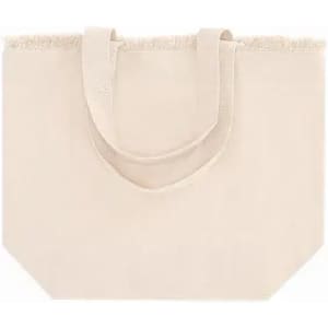 A tote bag in a neutral beige colour with two handles and a textured trim at the top.