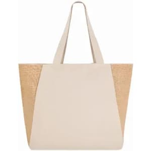 A beige tote bag with textured natural woven sides and two sturdy handles. It has a brand logo.