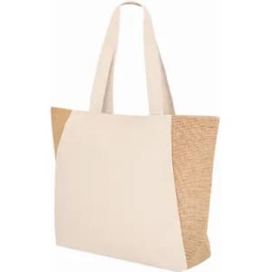 A tote bag featuring a beige fabric body with a natural jute side panel and two sturdy handles.