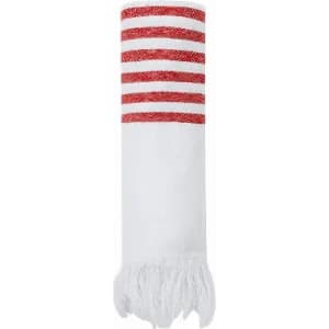 A red and white striped towel featuring fringed edges, rolled up neatly.