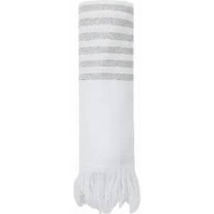 A white towel with grey stripes and fringed edges, featuring a simple design and a soft texture.