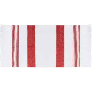 A kitchen towel featuring a white base with red striped patterns and frayed edges.