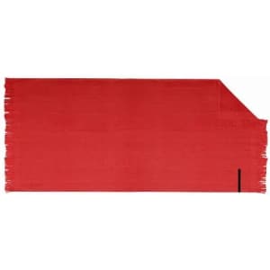 A red promotional product with fringing on one side, featuring a branding logo.