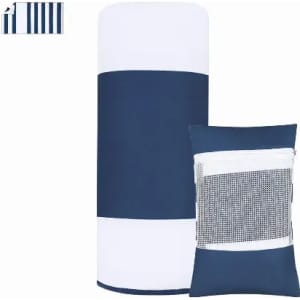 A drink bottle in navy blue and white, accompanied by a matching pouch with a mesh design. Both items feature a logo.
