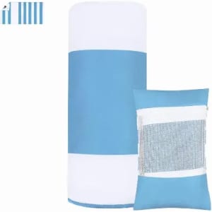 A drink bottle in blue and white, alongside a matching carry pouch with a mesh panel. Features a logo.